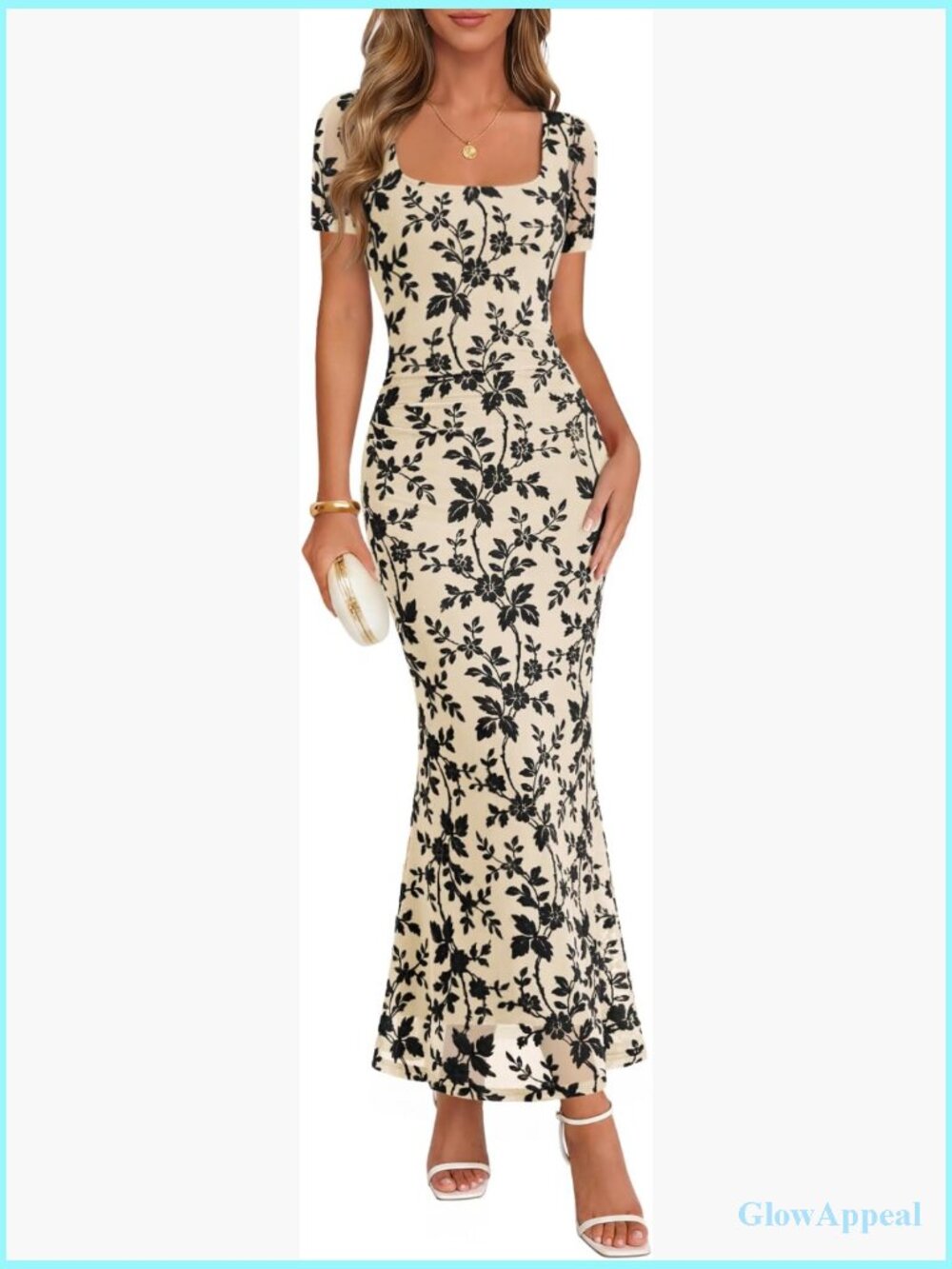 Floral Maxi Dress Square Neck Mesh Cocktail Party Wedding Guest Slim Fit